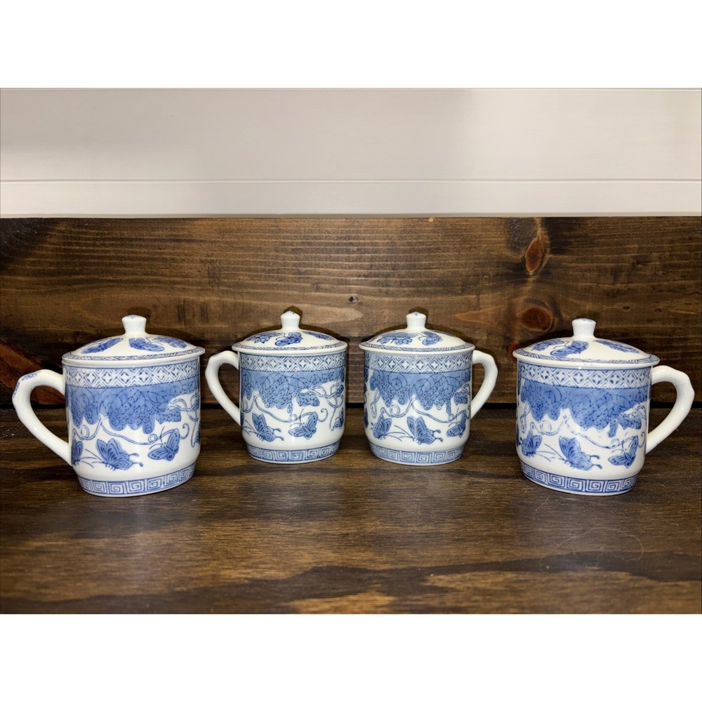 Set Of 4 Vintage Chinese Blue & White Butterfly Porcelain Tea Cup W/ Lid